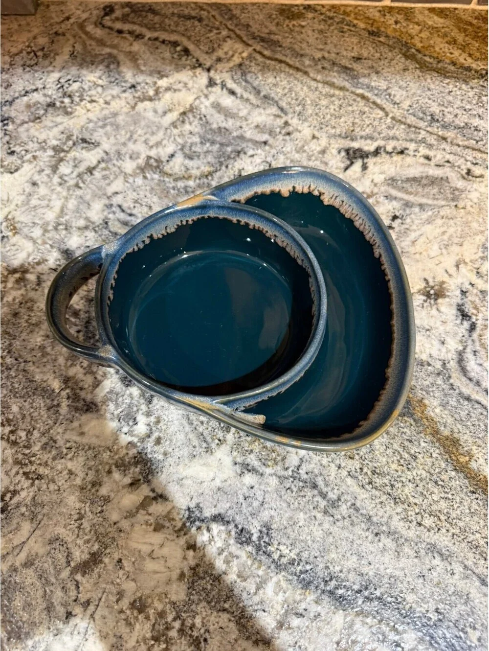 Stoneware Chip and Dip Serving Bowl Set - Olive Green and Blue